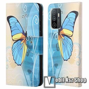 Notesz / mappa tok - KÉK PILLANGÓ MINTÁS - oldalra nyíló, rejtett mágneses záródás, bankkártyatartó zsebek, asztali tartó funkció, szilikon belső - SAMSUNG Galaxy A33 5G (SM-A336) kép