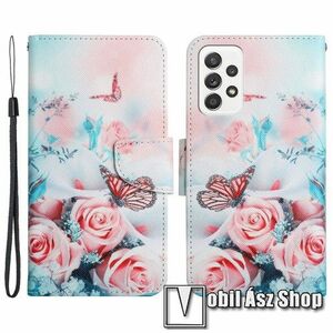 Notesz / mappa tok - RÓZSA / PILLANGÓ MINTÁS - oldalra nyíló, rejtett mágneses záródás, bankkártyatartó zseb, asztali tartó funkció, szilikon belső - SAMSUNG Galaxy A33 5G (SM-A336) kép