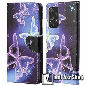 Notesz / mappa tok - LILA PILLANGÓ MINTÁS - oldalra nyíló, rejtett mágneses záródás, bankkártyatartó zsebek, asztali tartó funkció, szilikon belső - SAMSUNG Galaxy A73 5G (SM-A736B) kép