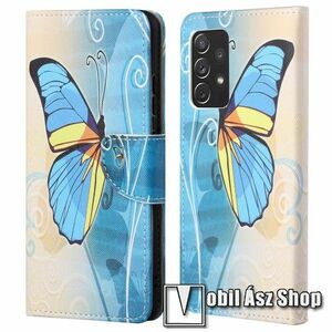 Notesz / mappa tok - KÉK PILLANGÓ MINTÁS - oldalra nyíló, rejtett mágneses záródás, bankkártyatartó zsebek, asztali tartó funkció, szilikon belső - SAMSUNG Galaxy A73 5G (SM-A736B) kép