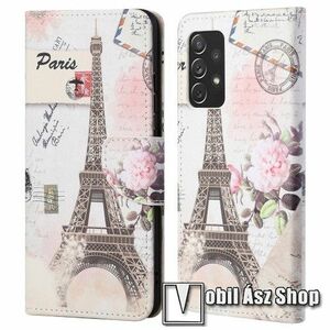 Notesz / mappa tok - EIFFEL TORONY MINTÁS - oldalra nyíló, rejtett mágneses záródás, bankkártyatartó zsebek, asztali tartó funkció, szilikon belső - SAMSUNG Galaxy A73 5G (SM-A736B) kép