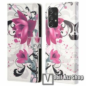 Notesz / mappa tok - LÓTUSZVIRÁG MINTÁS - oldalra nyíló, rejtett mágneses záródás, bankkártyatartó zsebek, asztali tartó funkció, szilikon belső - SAMSUNG Galaxy A73 5G (SM-A736B) kép