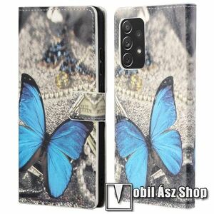 Notesz / mappa tok - KÉK PILLANGÓ MINTÁS - oldalra nyíló, rejtett mágneses záródás, bankkártyatartó zsebek, asztali tartó funkció, szilikon belső - SAMSUNG Galaxy A73 5G (SM-A736B) kép