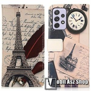 Notesz / mappa tok - EIFFEL TORONY / MADÁRTOLL MINTÁS - oldalra nyíló, rejtett mágneses záródás, bankkártyatartó zseb, asztali tartó funkció, szilikon belső - SAMSUNG Galaxy A73 5G (SM-A736B) kép