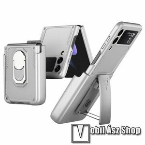 GKK Armour Series műanyag védő tok / hátlap - EZÜST - kitámasztható, fém ujjgyűrűvel, tapadófelület mágneses autós tartóhoz, forgatható övcsipesz, levehető övre csíptethető tartó, erősített sarkok - ERŐS VÉDELEM! - SAMSUNG Galaxy Z Flip3 5G - GYÁRI kép