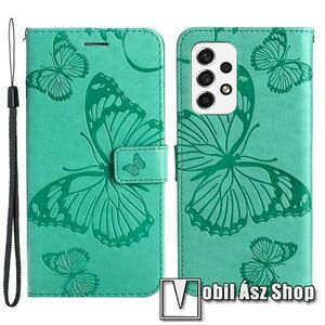 Notesz / mappa tok - GRAVÍROZOTT PILLANGÓ MINTÁS - ZÖLD - oldalra nyíló, rejtett mágneses záródás, bankkártyatartó zseb, asztali tartó funkció, szilikon belső - SAMSUNG Galaxy A53 5G (SM-A536U) kép