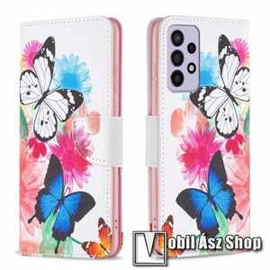 Notesz / mappa tok - PILLANGÓ / VIRÁG MINTÁS - oldalra nyíló, rejtett mágneses záródás, bankkártyatartó zseb, asztali tartó funkció, szilikon belső - SAMSUNG Galaxy A73 5G (SM-A736B) kép