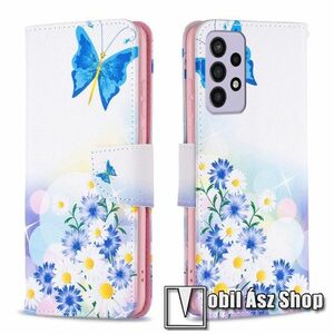 Notesz / mappa tok - PILLANGÓ / VIRÁG MINTÁS - oldalra nyíló, rejtett mágneses záródás, bankkártyatartó zseb, asztali tartó funkció, szilikon belső - SAMSUNG Galaxy A73 5G (SM-A736B) kép