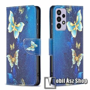 Notesz / mappa tok - ARANY / KÉK PILLANGÓ MINTÁS - oldalra nyíló, rejtett mágneses záródás, bankkártyatartó zseb, asztali tartó funkció, szilikon belső - SAMSUNG Galaxy A73 5G (SM-A736B) kép