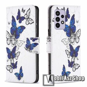 Notesz / mappa tok - KÉK / FEHÉR PILLANGÓ MINTÁS - oldalra nyíló, rejtett mágneses záródás, bankkártyatartó zseb, asztali tartó funkció, szilikon belső - SAMSUNG Galaxy A33 5G (SM-A336) kép