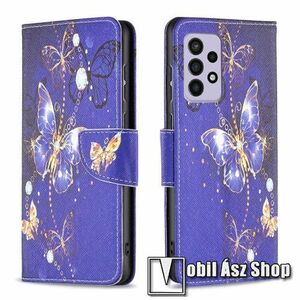 Notesz / mappa tok - LILA PILLANGÓ MINTÁS - oldalra nyíló, rejtett mágneses záródás, bankkártyatartó zseb, asztali tartó funkció, szilikon belső - SAMSUNG Galaxy A33 5G (SM-A336) kép