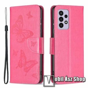 Notesz / mappa tok - GRAVÍROZOTT PILLANGÓ MINTÁS - RÓZSASZÍN - oldalra nyíló, rejtett mágneses záródás, bankkártyatartó zseb, asztali tartó funkció, szilikon belső - SAMSUNG Galaxy A33 5G (SM-A336) kép