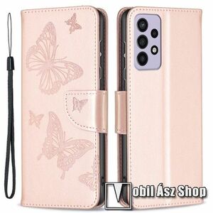 Notesz / mappa tok - GRAVÍROZOTT PILLANGÓ MINTÁS - RÓZSASZÍN - oldalra nyíló, rejtett mágneses záródás, bankkártyatartó zseb, asztali tartó funkció, szilikon belső - SAMSUNG Galaxy A73 5G (SM-A736B) kép