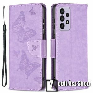 Notesz / mappa tok - GRAVÍROZOTT PILLANGÓ MINTÁS - LILA - oldalra nyíló, rejtett mágneses záródás, bankkártyatartó zseb, asztali tartó funkció, szilikon belső - SAMSUNG Galaxy A73 5G (SM-A736B) kép