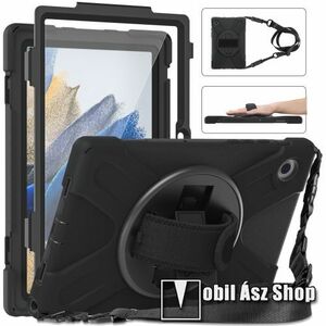 Műanyag védő tok / hátlap - FEKETE - 360°-os védelem, három rétegű, szilikon betétes, kitámasztható, forgatható kézpánt, vállpánttal - ERŐS VÉDELEM! - SAMSUNG Galaxy Tab A8 10.5 (2021) (SM-X200/SM-X205) kép