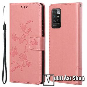 Notesz / mappa tok - GRAVÍROZOTT PILLANGÓ / VIRÁG MINTÁS - RÓZSASZÍN - oldalra nyíló, rejtett mágneses záródás, bankkártyatartó zseb, asztali tartó funkció, szilikon belső - Xiaomi Redmi Note 11 4G (Global version) / Redmi Note 11S (Global version) kép