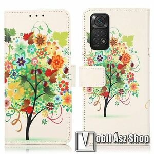Notesz / mappa tok - SZÍNES VIRÁGZÓ FA MINTÁS - oldalra nyíló, rejtett mágneses záródás, bankkártyatartó zsebek, asztali tartó funkció, szilikon belső - Xiaomi Redmi Note 11 4G (Global version) / Redmi Note 11S (Global version) kép