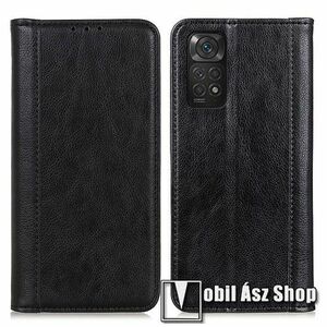 Notesz tok / flip tok - FEKETE - hasított bőr, asztali tartó funkciós, oldalra nyíló, rejtett mágneses záródás, bankkártya tartó zseb, szilikon belső - Xiaomi Redmi Note 11 4G (Global version) / Redmi Note 11S (Global version) kép