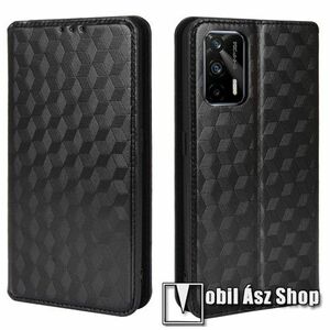 Notesz tok / flip tok - FEKETE - GRAVÍROZOTT ROMBUSZ MINTÁS - asztali tartó funkciós, oldalra nyíló, rejtett mágneses záródás, bankkártyatartó zseb, szilikon belső - Realme GT Neo2T 5G / GT 5G / GT Neo 5G / Q3 Pro 5G kép