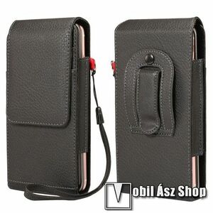 UNIVERZÁLIS álló bőrtok - övre fűzhető, övcsipesz, csuklópánt, bankkártyatartó zsebek, PU bőr, patentos záródás, EXTRA! két fakkos, max. 170 x 87 x 35mm - FEKETE kép