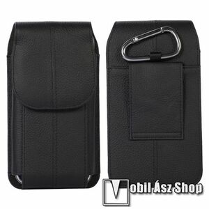 UNIVERZÁLIS álló tok - valódi bőr, övre fűzhető / karabíner, patentos záródás - max 165mm x 85mm x 20mm-es készülékekhez - FEKETE kép