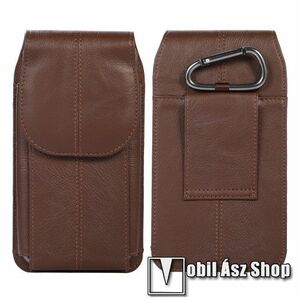 UNIVERZÁLIS álló tok - valódi bőr, övre fűzhető / karabíner, patentos záródás - max 150mm x 80mm x 20mm-es készülékekhez - KÁVÉBARNA kép