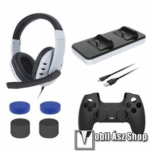 MIKIMAN 8 az 1-ben gamer szett - 1x kontrollertöltő állomás / dokkoló egyszerre 2 kontroller is tölthető vele, 1x fejhallgató, 1x szilikon védőtok PS5 kontrollerhez, 4x analóg kar védő szilikon kupak, 1x Type-C kábel - FEKETE kép