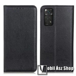 Notesz tok / flip tok - FEKETE - hasított bőr, asztali tartó funkciós, oldalra nyíló, rejtett mágneses záródás, bankkártya tartó zseb, szilikon belső - Xiaomi Redmi Note 11 4G (Global version) / Redmi Note 11S (Global version) kép