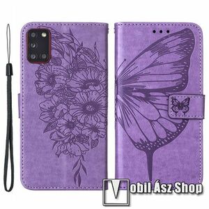 Notesz / mappa tok - GRAVÍROZOTT PILLANGÓ / VIRÁG MINTÁS - VILÁGOSLILA - oldalra nyíló, rejtett mágneses záródás, belső zseb, asztali tartó funkció, szilikon belső - SAMSUNG Galaxy A31 (SM-A315F) kép