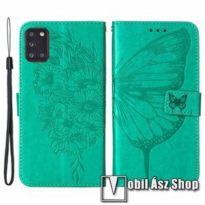 Notesz / mappa tok - GRAVÍROZOTT PILLANGÓ / VIRÁG MINTÁS - MENTAZÖLD - oldalra nyíló, rejtett mágneses záródás, belső zseb, asztali tartó funkció, szilikon belső - SAMSUNG Galaxy A31 (SM-A315F) kép