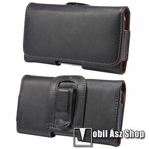 Valódi bőr fekvő tok - övre fűzhető, övcsipesz, rejtett mágneses záródás - FEKETE - 170 x 83 x 20mm kép
