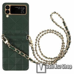 Műanyag védő tok / hátlap - PU bőrrel bevont, arany színű galvanizált keret, nyakba akasztható lánccal - ZÖLD HÁROMSZÖG MINTÁS - SAMSUNG Galaxy Z Flip3 5G kép