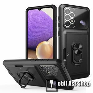 OTT! CARD RING műanyag védő tok / hátlap - FEKETE - szilikon belső, kameravédelemmel, két rétegből áll, ujjgyűrűvel, kitámasztható, bankkártyatartó, tapadófelület mágneses autós tartóhoz - ERŐS VÉDELEM - SAMSUNG Galaxy A33 5G (SM-A336) kép