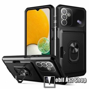 OTT! CARD RING műanyag védő tok / hátlap - FEKETE - szilikon belső, kameravédelemmel, két rétegből áll, ujjgyűrűvel, kitámasztható, bankkártyatartó, tapadófelület mágneses autós tartóhoz - ERŐS VÉDELEM - SAMSUNG Galaxy A13 5G (SM-A136U/U1) / Galaxy A04s ( kép