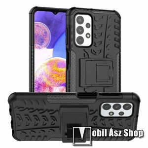 OTT! VROOM műanyag védő tok / hátlap - FEKETE - AUTÓGUMI MINTÁS - szilikon betétes, asztali tartó funkciós, ERŐS VÉDELEM! - SAMSUNG Galaxy A23 4G (SM-A235F) kép