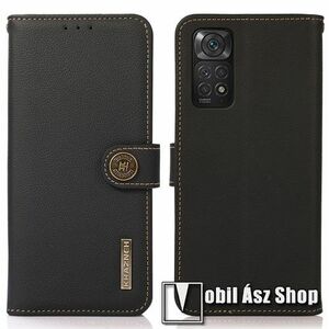 KHAZNEH WALLET notesz tok / flip tok - FEKETE - valódi bőr, asztali tartó funkciós, oldalra nyíló, rejtett mágneses záródás, RFID védelmes bankkártyatartó zsebek, szilikon belső - Xiaomi Redmi Note 11 4G (Global version) / Redmi Note 11S (Global version) kép
