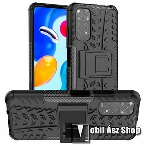 OTT! VROOM műanyag védő tok / hátlap - FEKETE - AUTÓGUMI MINTÁS - szilikon betétes, asztali tartó funkciós, ERŐS VÉDELEM! - Xiaomi Redmi Note 11 4G (Global version) / Redmi Note 11S (Global version) kép