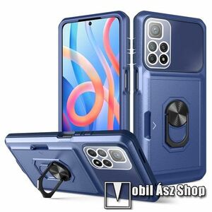 OTT! CARD RING műanyag védő tok / hátlap - KÉK - szilikon belső, kameravédelemmel, két rétegből áll, ujjgyűrűvel, kitámasztható, bankkártyatartó, tapadófelület mágneses autós tartóhoz - ERŐS VÉDELEM - Xiaomi Poco M4 Pro 5G / Redmi Note 11 5G (For China Ma kép