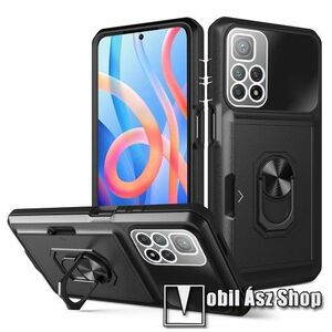 OTT! CARD RING műanyag védő tok / hátlap - FEKETE - szilikon belső, kameravédelemmel, két rétegből áll, ujjgyűrűvel, kitámasztható, bankkártyatartó, tapadófelület mágneses autós tartóhoz - ERŐS VÉDELEM - Xiaomi Poco M4 Pro 5G / Redmi Note 11 5G (For China kép