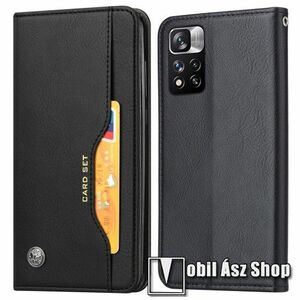 Notesz tok / flip tok - FEKETE - asztali tartó funkciós, oldalra nyíló, rejtett mágneses záródás, bankkártyatartó zsebek, szilikon belső - Xiaomi Redmi Note 11 4G (Global version) / Redmi Note 11S (Global version) kép