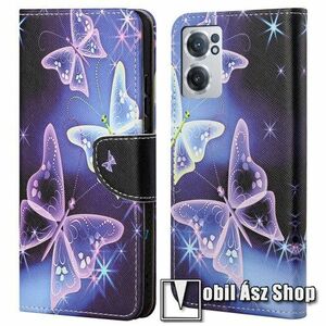 Notesz / mappa tok - LILA PILLANGÓ MINTÁS - oldalra nyíló, rejtett mágneses záródás, bankkártyatartó zsebek, asztali tartó funkció, szilikon belső - OnePlus Nord CE 2 5G kép