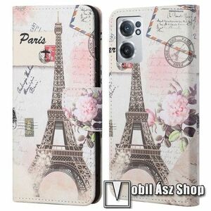 Notesz / mappa tok - EIFFEL TORONY / VIRÁG MINTÁS - oldalra nyíló, rejtett mágneses záródás, bankkártyatartó zsebek, asztali tartó funkció, szilikon belső - OnePlus Nord CE 2 5G kép