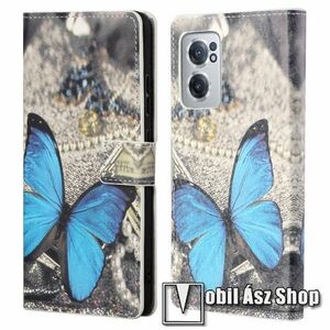 Notesz / mappa tok - KÉK PILLANGÓ MINTÁS - oldalra nyíló, rejtett mágneses záródás, bankkártyatartó zsebek, asztali tartó funkció, szilikon belső - OnePlus Nord CE 2 5G kép