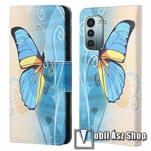 Notesz / mappa tok - KÉK PILLANGÓ MINTÁS - oldalra nyíló, rejtett mágneses záródás, bankkártyatartó zsebek, asztali tartó funkció, szilikon belső - NOKIA G11 / NOKIA G21 kép