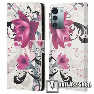 Notesz / mappa tok - LÓTUSZVIRÁG MINTÁS - oldalra nyíló, rejtett mágneses záródás, bankkártyatartó zsebek, asztali tartó funkció, szilikon belső - NOKIA G11 / NOKIA G21 kép