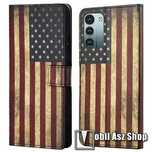 Notesz / mappa tok - USA ZÁSZLÓ MINTÁS - oldalra nyíló, rejtett mágneses záródás, bankkártyatartó zsebek, asztali tartó funkció, szilikon belső - NOKIA G11 / NOKIA G21 kép