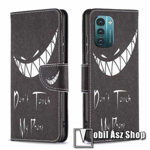 Notesz / mappa tok - Do Not Touch My Phone MINTÁS - oldalra nyíló, rejtett mágneses záródás, bankkártyatartó zsebek, asztali tartó funkció, szilikon belső - NOKIA G11 / NOKIA G21 kép