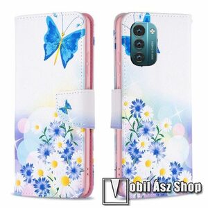 Notesz / mappa tok - VIRÁG / PILLANGÓ MINTÁS - oldalra nyíló, rejtett mágneses záródás, bankkártyatartó zsebek, asztali tartó funkció, szilikon belső - NOKIA G11 / NOKIA G21 kép