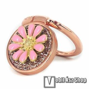 UNIVERZÁLIS fém ujjtámasz, gyűrű tartó - Biztos fogás készülékéhez, kitámasztható, 360°-ban forgatható, virággal és strasszkővel díszített - ROSE GOLD VIRÁG MINTÁS kép