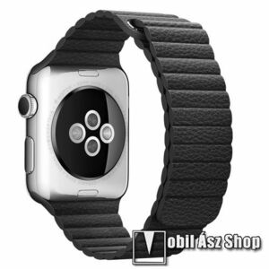Okosóra mágneses loop szíj - FEKETE - valódi bőr, 180mm + 50mm hosszú - Apple Watch Series 1/2/3 42mm / 4/5/6/SE 44mm / 7/8 45mm / 10 46mm / Ultra / Ultra 2 49mm kép
